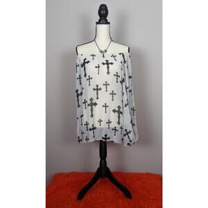 R Rouge Cream & Black Gothic Cross Elastic Neck Long Sleeve Sheer Blouse 2XL